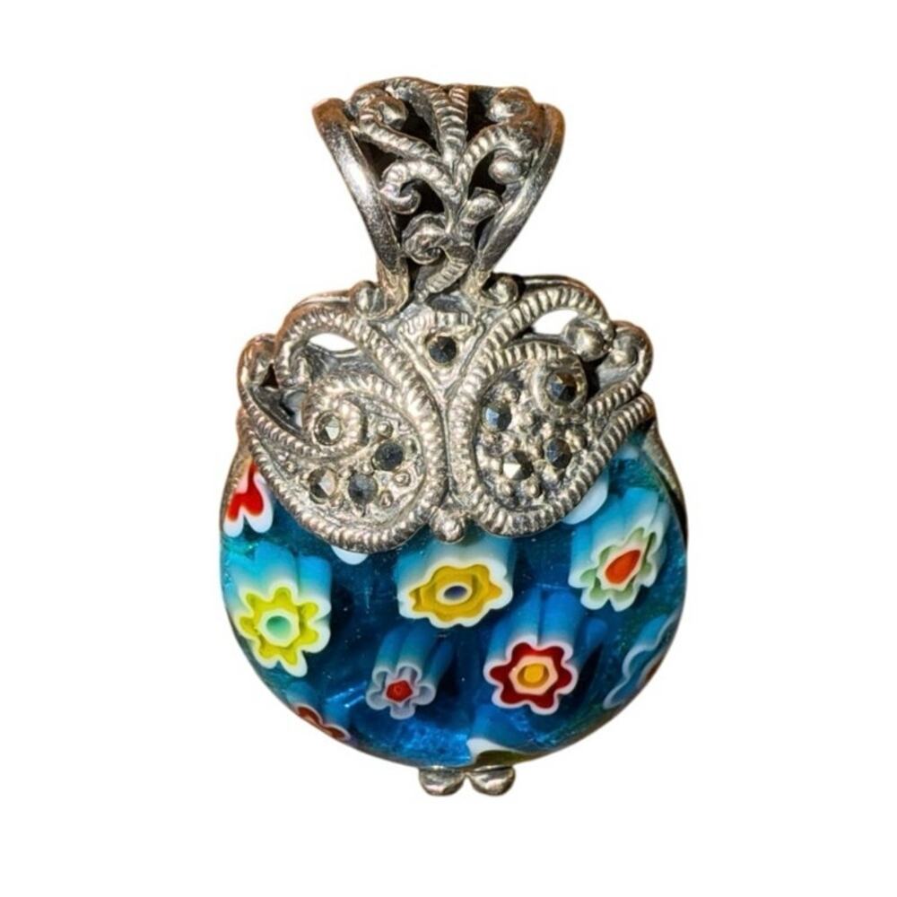 Sterling Silver 925 Marcasite & Floral Millefiori Italian Glass Pendant Vintage